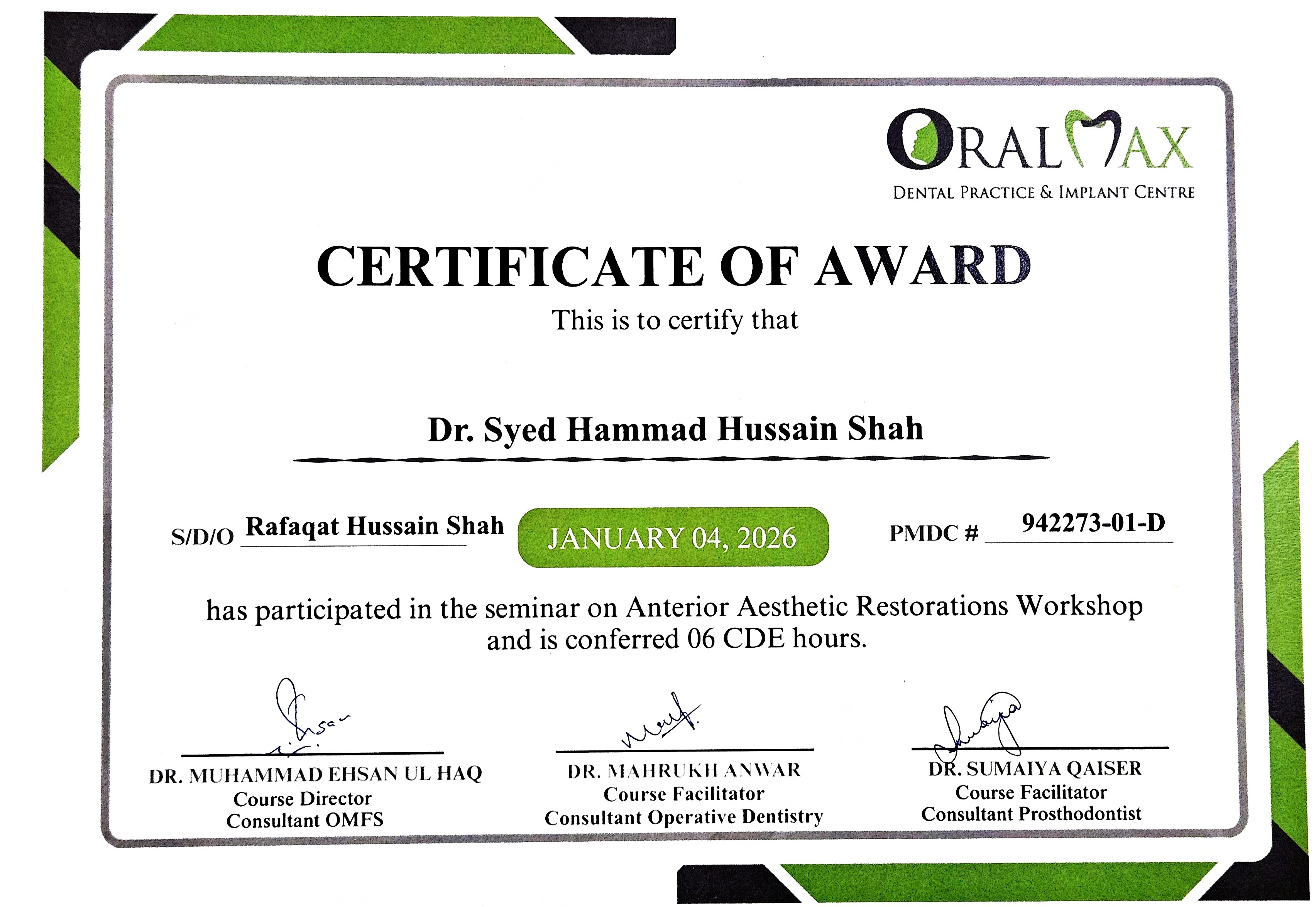 Certificate of Award for Anterior Aesthetic Restorations Workshop