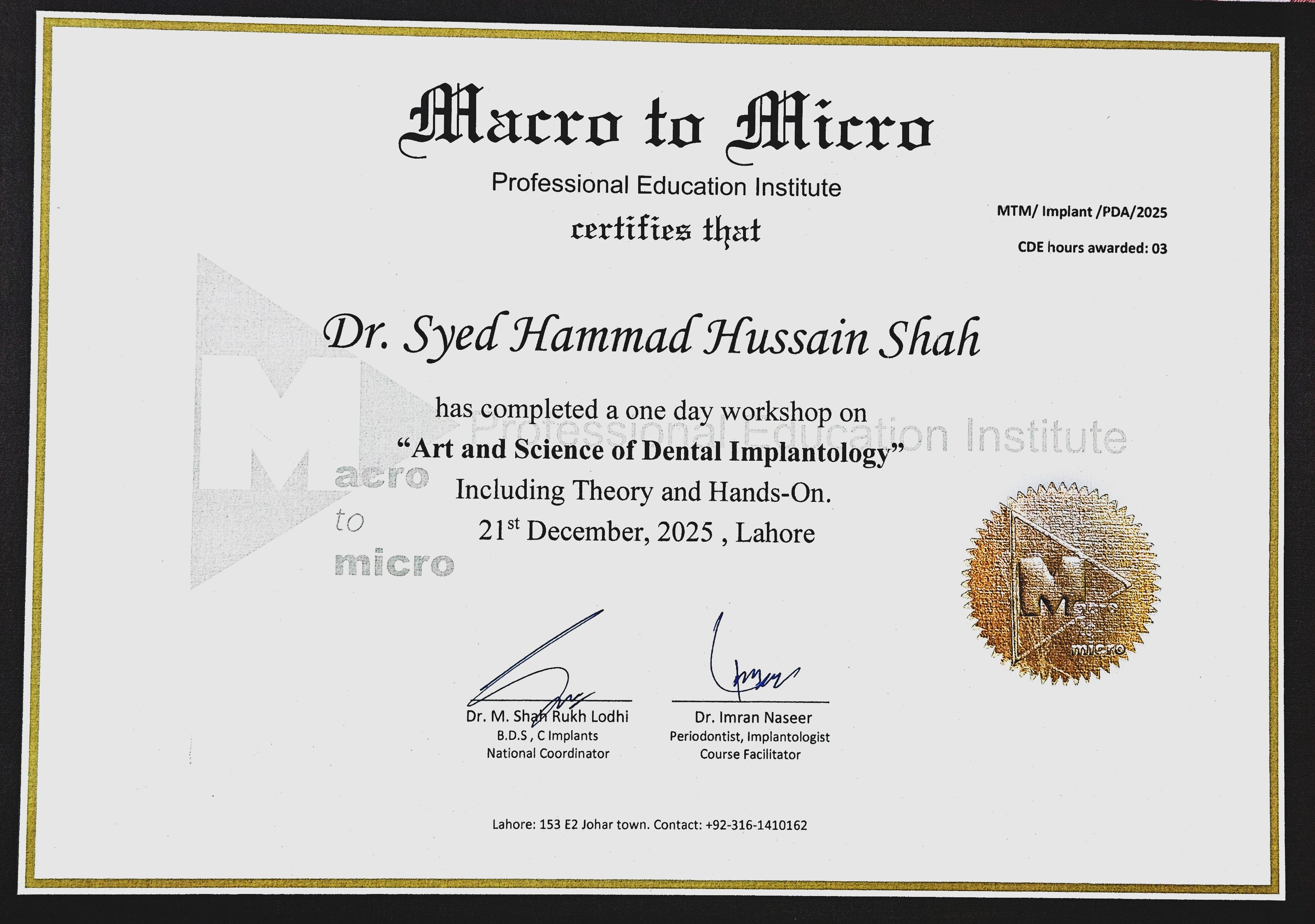 Certificate for Art and Science of Dental Implantology workshop