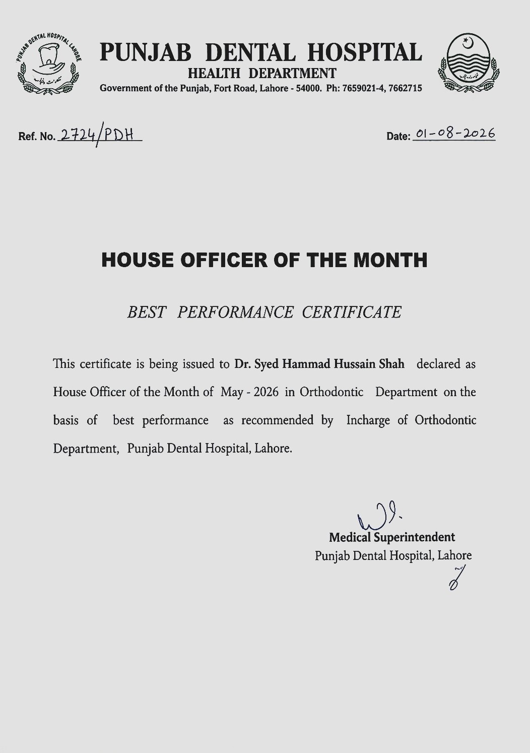 House Officer of the Month — May 2026, Punjab Dental Hospital