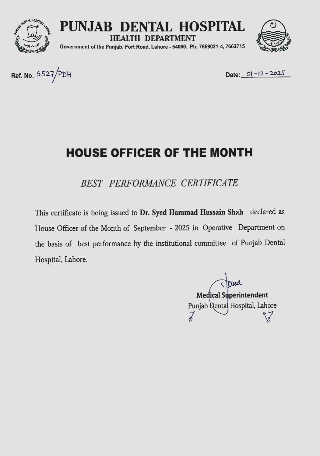 House Officer of the Month — September 2025, Punjab Dental Hospital